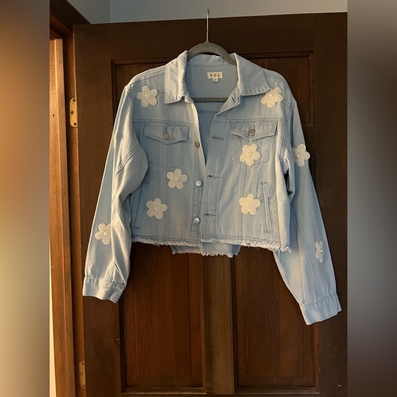 POL Jackets & Blazers - POL Blue Jean Jacket with Floral Design with Pearl accents